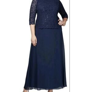 Alex Evenings Navy Lace Sequins Chiffon Dress Plus Size 14W Mother of the Bride